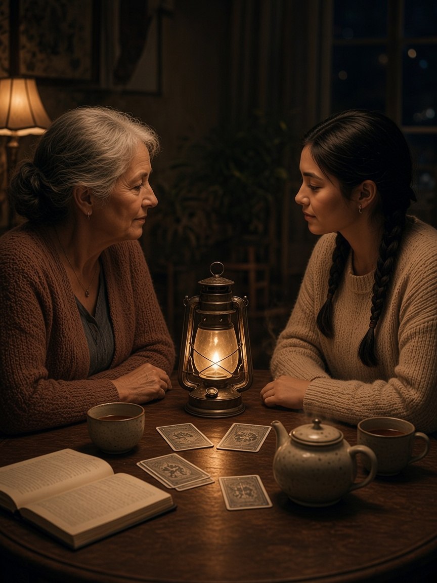 Two people sharing a Card Night ritual at a lantern lit table