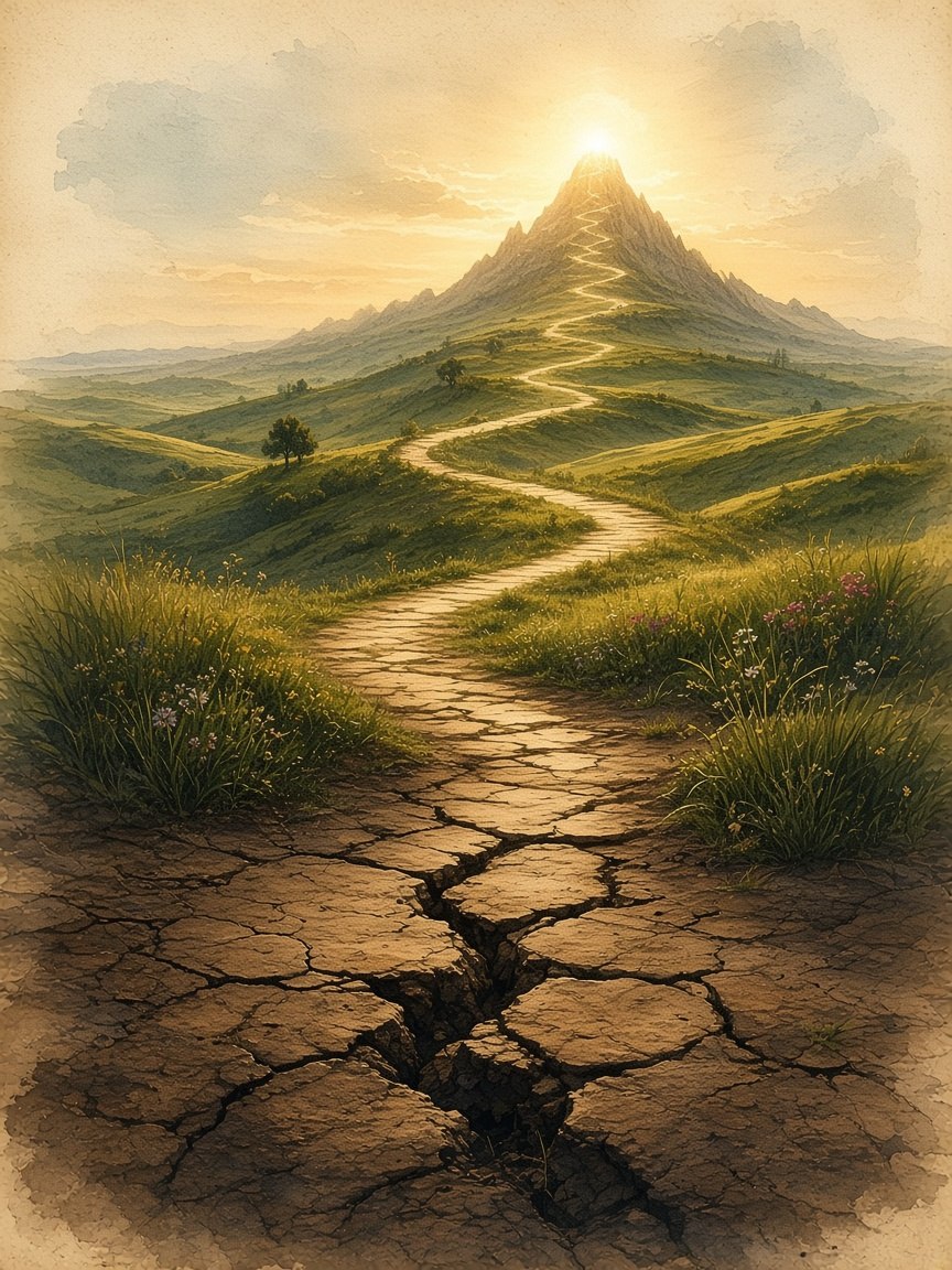 A winding path from dark ground toward a luminous summit