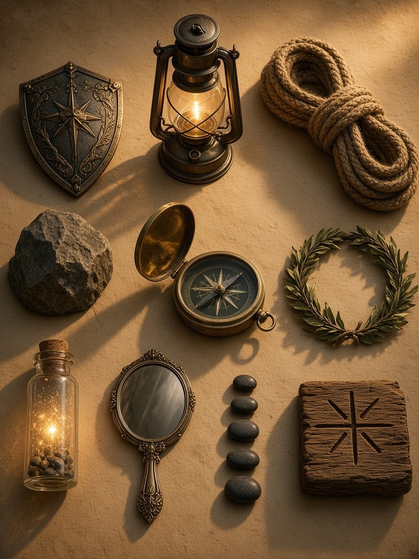Symbolic toolkit objects on warm parchment
