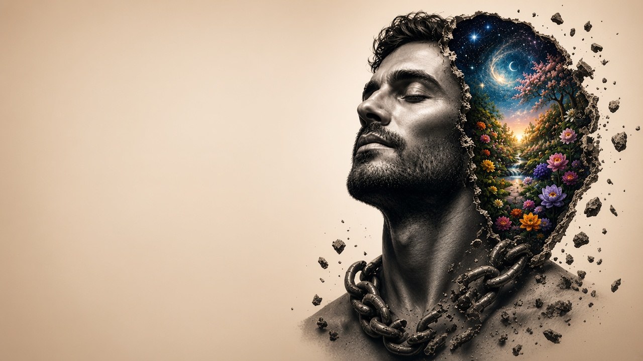 Finally Me brand art: a calm face, a broken chain, and a living world within
