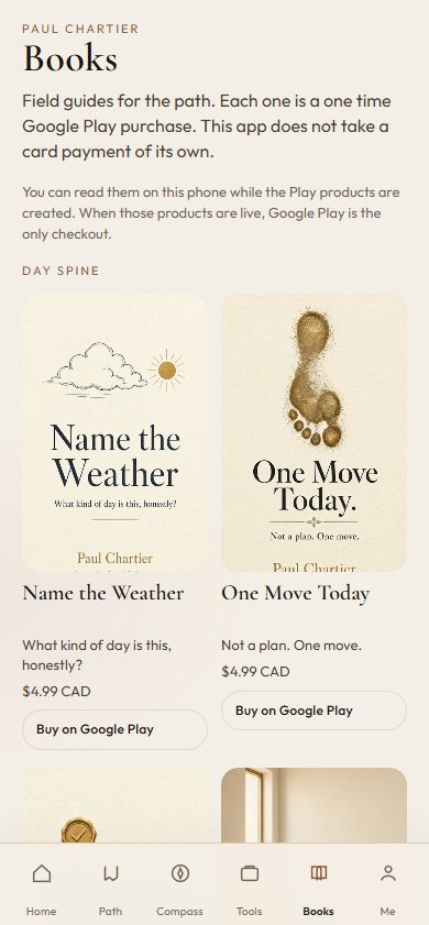 Books shelf inside the companion, showing Name the Weather and One Move Today.