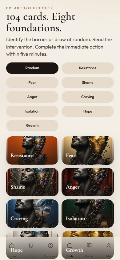 Breakthrough deck. Eight foundations and illustrated cards for Resistance, Fear, Shame, Anger, Craving, and Isolation.