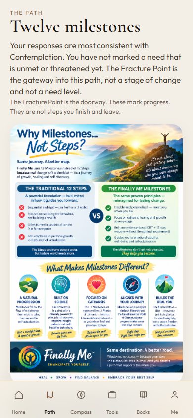 The path screen, with the milestone map titled Why Milestones, Not Steps.