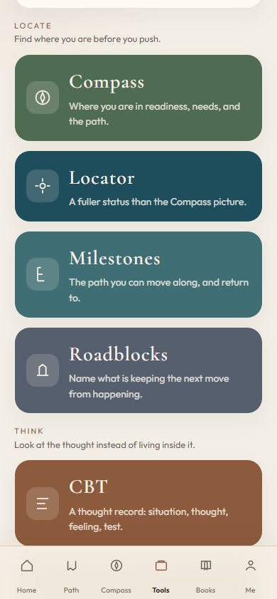 Toolbox cards for Compass, Locator, Milestones, Roadblocks, and a thought record.